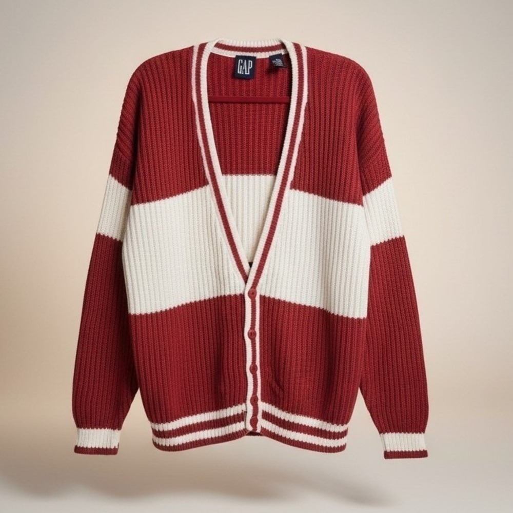 Vintage Gap 90s Colorblock Cardigan Red Cream Chunky Knit Varsity Sweater L